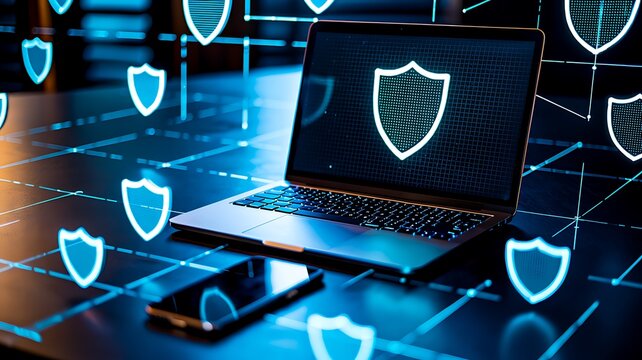 Laptop with cybersecurity protection shield for secure digital data security