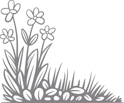 Dibujo simple a mano de un peque&ntilde;o parche de flores y hierba aislado sobre un fondo blanco