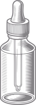 Grabado vintage de un frasco cuentagotas de vidrio utilizado para aceites esenciales, sueros o l&iacute;quidos m&eacute;dicos