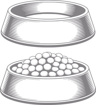 Estilo de grabado vintage de dos cuencos para mascotas, uno vac&iacute;o y otro lleno de comida seca en pellets