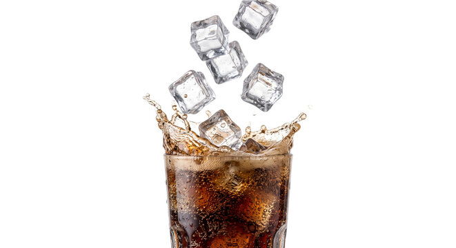 Ice cubes splashing into a glass of cola with bubbles and foam