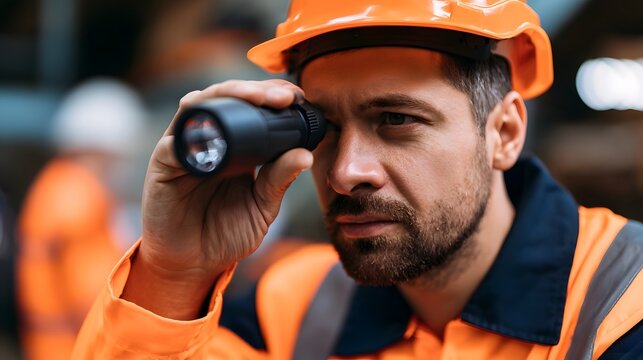A man wearing an orange hard hat and safety vest uses a handheld flashlight to inspect something closely