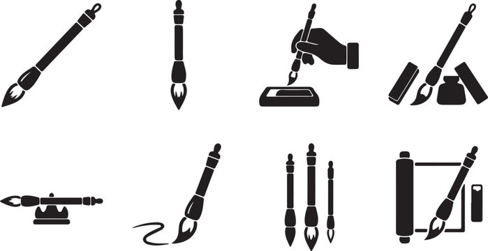 Assorted calligraphy brush pens and inkwell icons