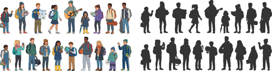 Obraz premium School Students Character Collection with Diverse Backpack Poses and Black Silhouette Vector Set on White Background
