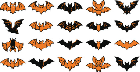 Fototapeta premium Set of cute cartoon bats in orange and black colors isolated on white background for your halloween party decorations