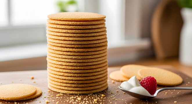 A high stack of round thin crispy wafer biscuits with cream and raspberry on a spoon