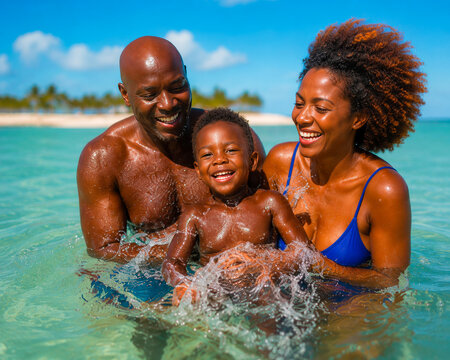 Happy Family Playing in Crystal Clear Tropical Ocean During Summer Vacation
