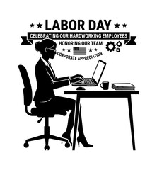 Fototapeta premium Black silhouette of a businesswoman working on a laptop at a desk for labor day celebration event Vector