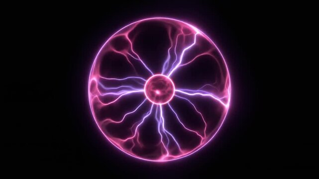 Plasma ball lamp with electric discharges and purple lightning arcs. Glass sphere showing static energy, high voltage sparks, and violet neon beams. Scientific equipment for physics use.