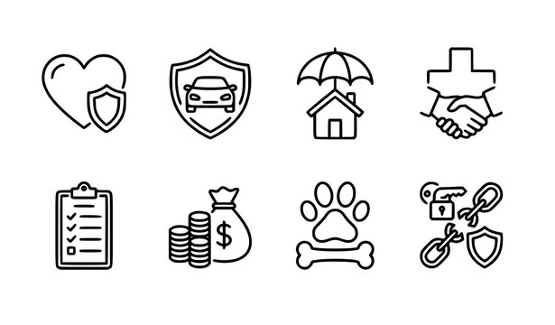 Set of eight linear insurance and protection vector icons featuring health life auto home financial pet and security concepts insurance protection security coverage business