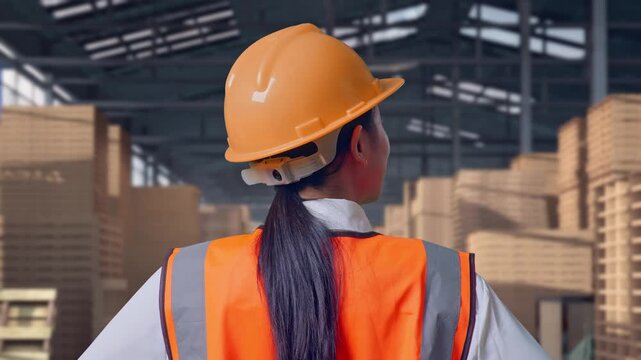 Close Up Back View Of A Female Engineer Wearing Safety Helmet Looking Around While Standing With Arms Akimbo with Stacked Wooden Pallets