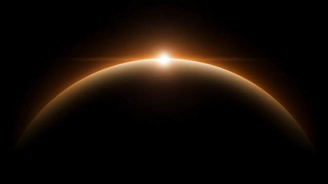 Glowing sunrise over horizon of planet earth in outer space with atmosphere astronomy universe darkness spaceflight exploration astrophysics