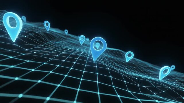 Digital map pins on wireframe grid landscape. Glowing blue location markers scattered across a futuristic 3D terrain. Motion graphic for data visualization, GPS navigation, and logistics.