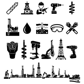 Geotechnical Drilling Rig Water Well Drilling Auger Bit and Mining Machine Silhouette Set