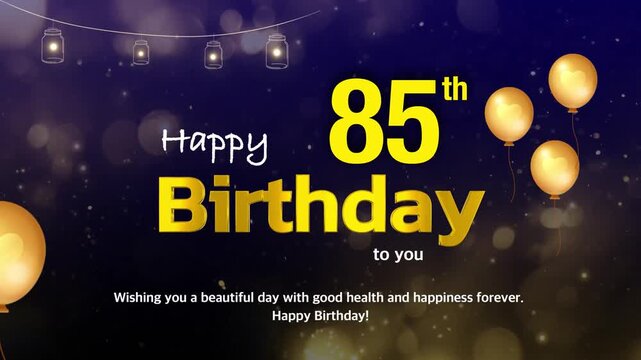 Happy 85th Birthday Celebration Background with Golden Balloons and Festive Lights