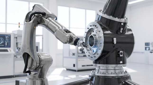 Automated robotic arm performing precision inspection on carbon fiber