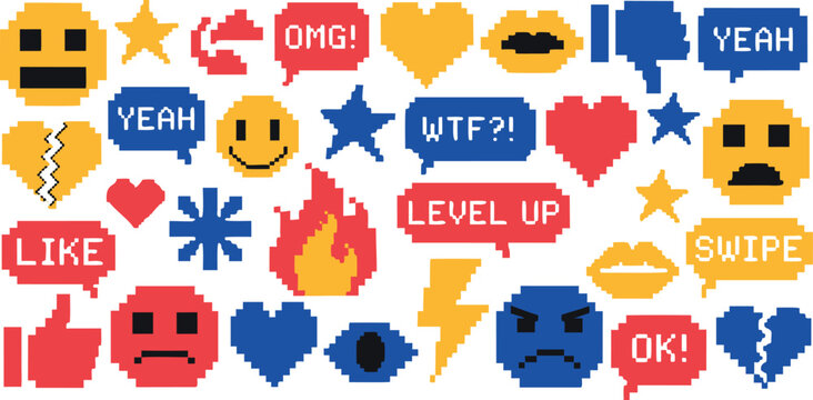 Set of pixel art icons, social media elements, speech bubbles with text, emojis, hearts, stars, fire, lightning, thumbs up and down