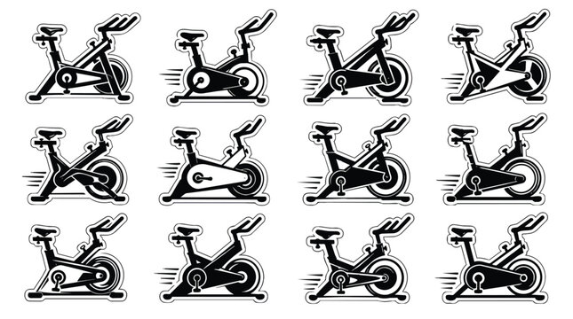 Black and white spin exercise bikes workout icons collection