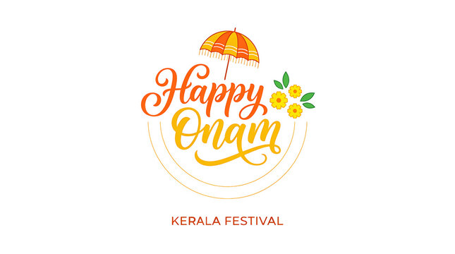 Happy Onam typography PNG with traditional umbrella, yellow flowers, and Kerala Festival text isolated on white background. Ai Generated