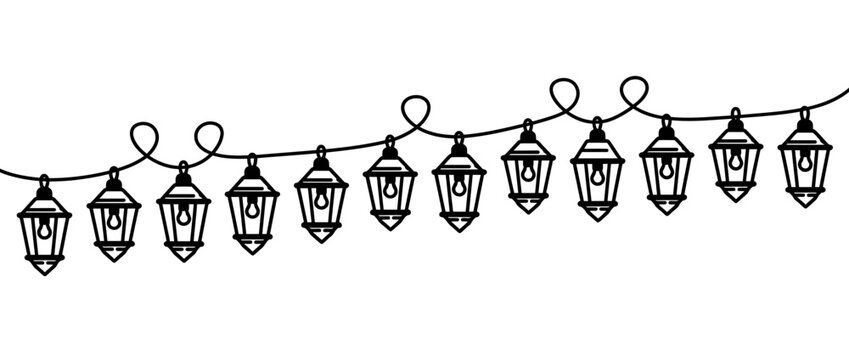 String Lights Garland Decorative Lanterns Outdoor Party Celebration Black Outline Vector