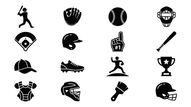 A collection of sixteen minimalist black baseball and sports-themed vector icons.