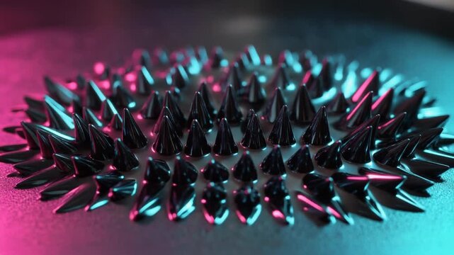 Ferrofluid spikes abstract motion. Glossy black liquid metal peaks forming under magnetic field influence with neon pink and cyan lighting. Science technology 3D footage for futuristic background.