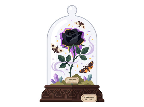 Black Rose Under Glass Dome with Moths and Crystals &ndash; Gothic Halloween Botanical Vector Illustration