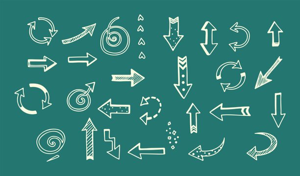 A creative collection of hand-drawn white curved, looping, and straight arrows designed to accent your digital layouts on a teal background.