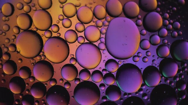 Abstract oil bubbles macro stock video. Dynamic purple and orange fluid drops floating in water. High contrast liquid spheres for creative background, artistic motion, and scientific visuals.