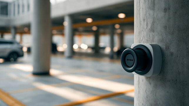 Smart Parking Sensor in Garage: A modern smart parking sensor mounted on a concrete pillar in a well-lit underground parking garage, with cars blurred in the background.