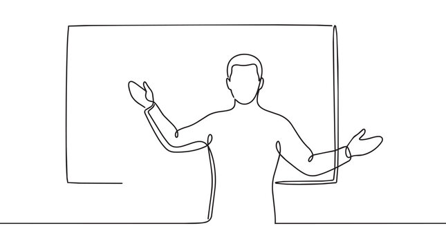 Minimalist Continuous Line Drawing Of A Teacher Presenting At A Classroom Whiteboard Concept For Professional Education Training Sessions And Academic Lecturing Demonstrations Vector Graphic