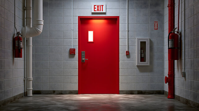 A Red Exit Door in a Concrete Hallway: A bright red exit door stands out in a stark concrete hallway, illuminated by overhead lights and featuring safety equipment like fire extinguishers and alarms.