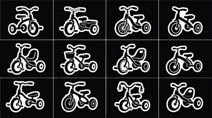Naklejka premium Diverse Black and White Children's Tricycles Icon Set Grid