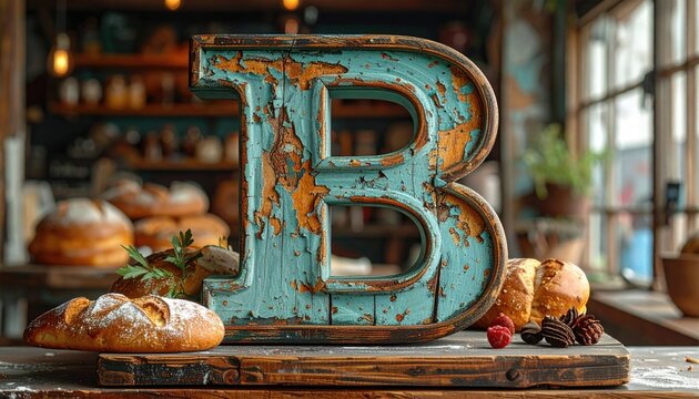 Rustic Blue Letter B Display with Fresh Bread and Pastries