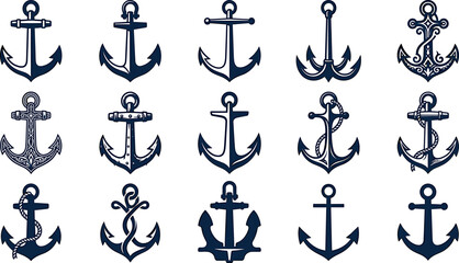 Vector illustration set of dark blue nautical anchors with ropes in vintage and minimalist styles isolated on a white background. © ALOMGIR