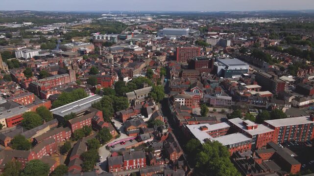 Derby city center panoramic drone view with cathedral quarter