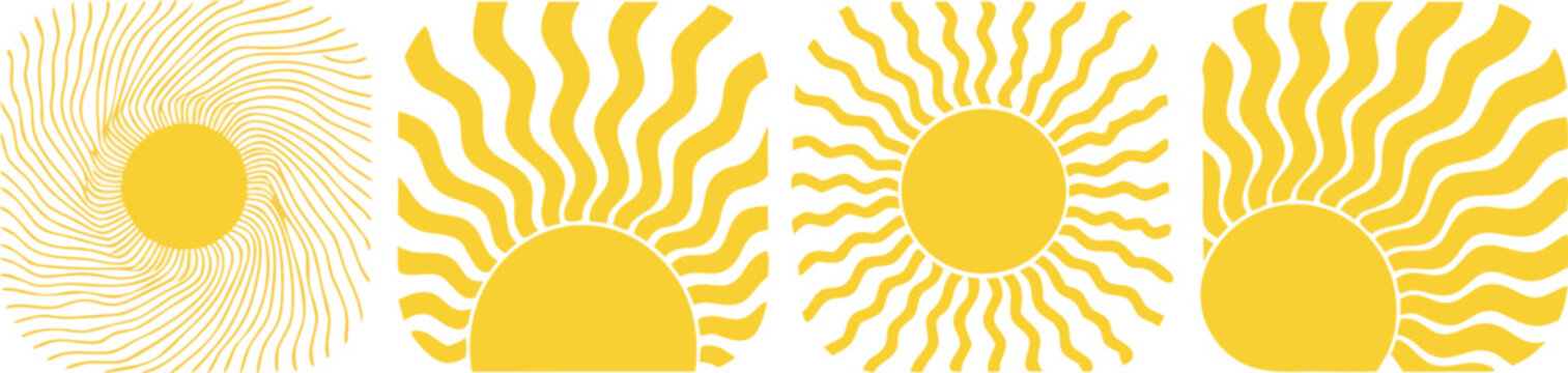 Set of four abstract sun icons with wavy rays, minimalist yellow sun symbols, vector illustration of sunbursts for logo, design element, or icon
