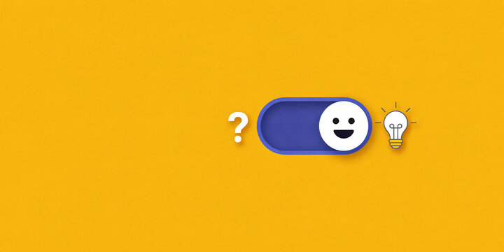 Toggle switch concept with question mark and happy face with lightbulb on orange background creative thinking solution happiness question lightbulb interactive illustration selection