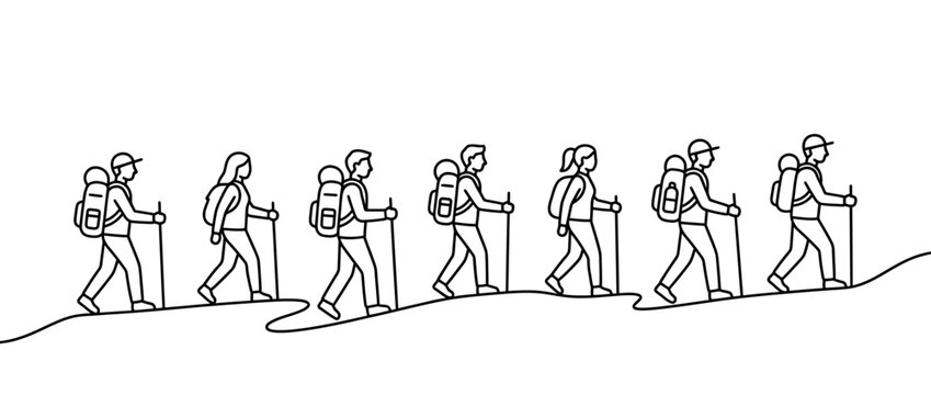 Group Hiking Line Art: Diverse Backpackers Trekking Uphill with Poles