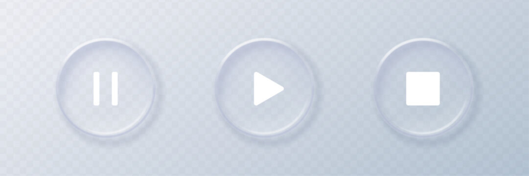 Realistic liquid glass media player buttons with realistic glossy effect. Glass morphism UI icon set featuring play, pause and strop controls for web and app. Vector illustration