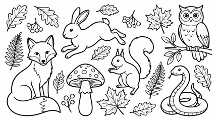 Obraz premium Black and White Coloring Page Vector Illustration of Forest Animals and Nature Elements, Including Fox, Rabbit, Squirrel, Owl, Snake, Mushroom, and Leaves
