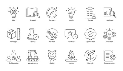Fototapeta premium Product Development and Research Icon Set Vector Line Art Outline Illustration