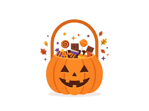 Halloween Pumpkin Candy Bucket with Trick or Treat Sweets, Flat Vector Illustration