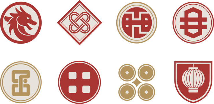 Traditional Chinese New Year Geometric Crest Vector Set with Dragon, Lantern, Knot, and Oriental Mon Badge Symbols for Asian Cultural Holiday Brand Logo Designs