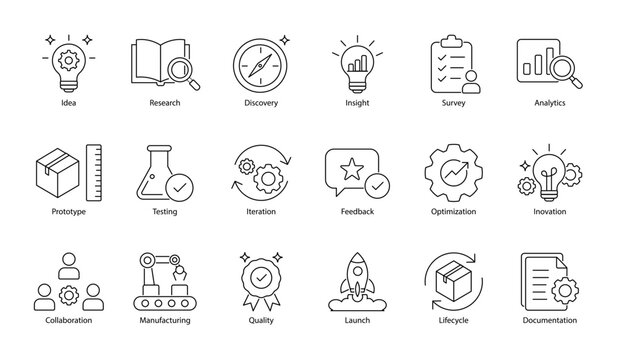 Product Development and Research Icon Set Vector Line Art Outline Illustration