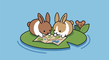 Fototapeta premium Vector Illustration of Two Fluffy Rabbits with Big Ears Looking at a Map on a Lily Pad, with a Small Mouse Peeking from Behind, Floating on Blue Water, Cute Cartoon Style