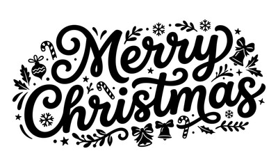 Fototapeta premium Merry christmas hand lettering typography design with decorative festive elements on a clean white background