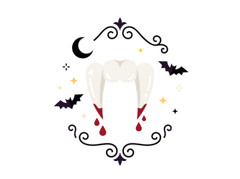 Vampire Fangs with Blood Drops and Gothic Frame &ndash; Minimal Halloween Vector Illustration