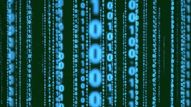 Blue binary code streams fall down a dark digital screen
