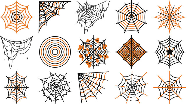 Set of various spider web designs and cobweb patterns for halloween decoration and spooky graphic design project elements